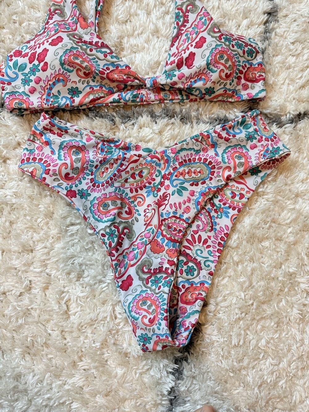 Women’s Multicolor Paisley 2-Piece Bikini Set w/ Tie Accents SizeL bottom XL Top